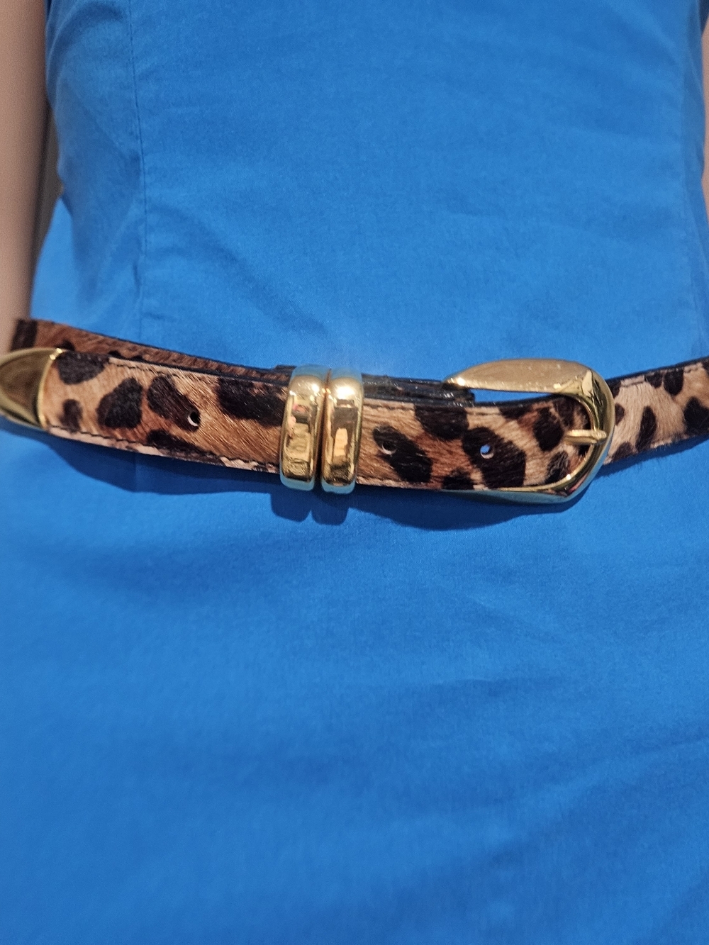 Vintage Leopard Print Calf Hair Leather Belt Gold Hardware. Size Medium - Picture 7 of 16